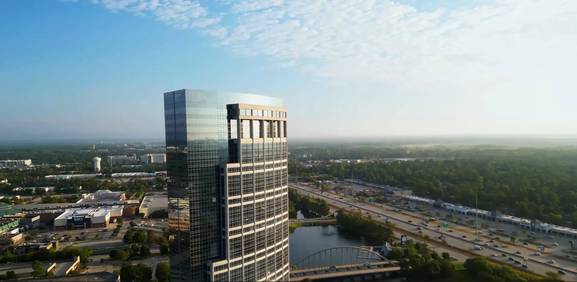 Aerial view of The Woodlands, TX skyline over I-45